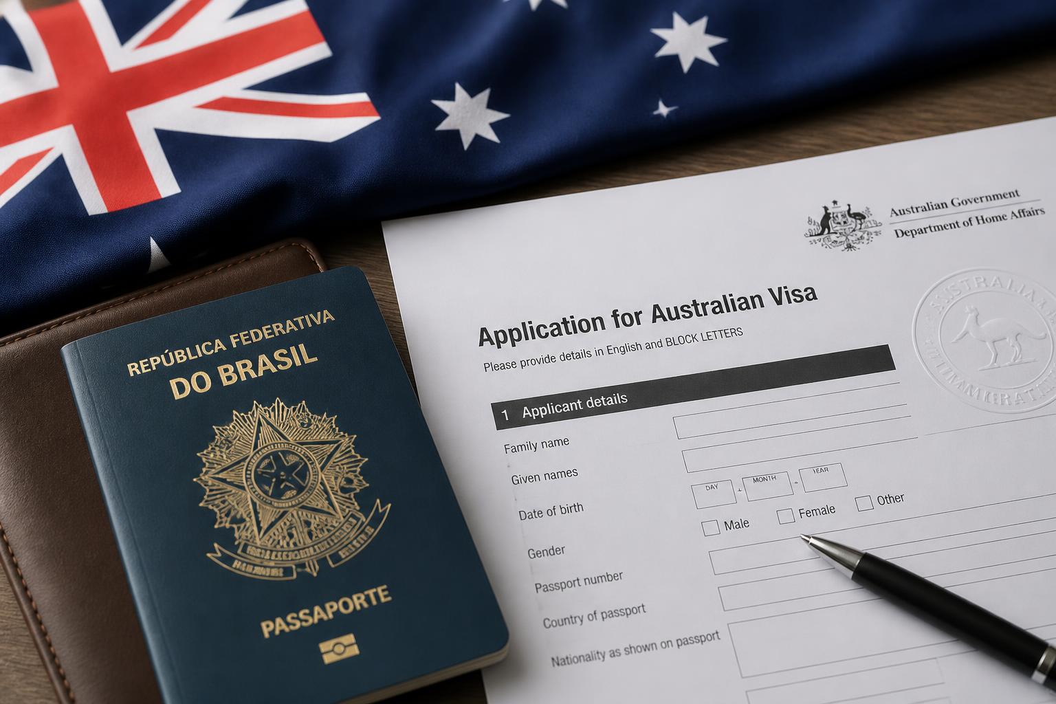 Passaporte brasileiro sobre formulário de visto australiano, com bandeira da Austrália e selo com canguru ao fundo