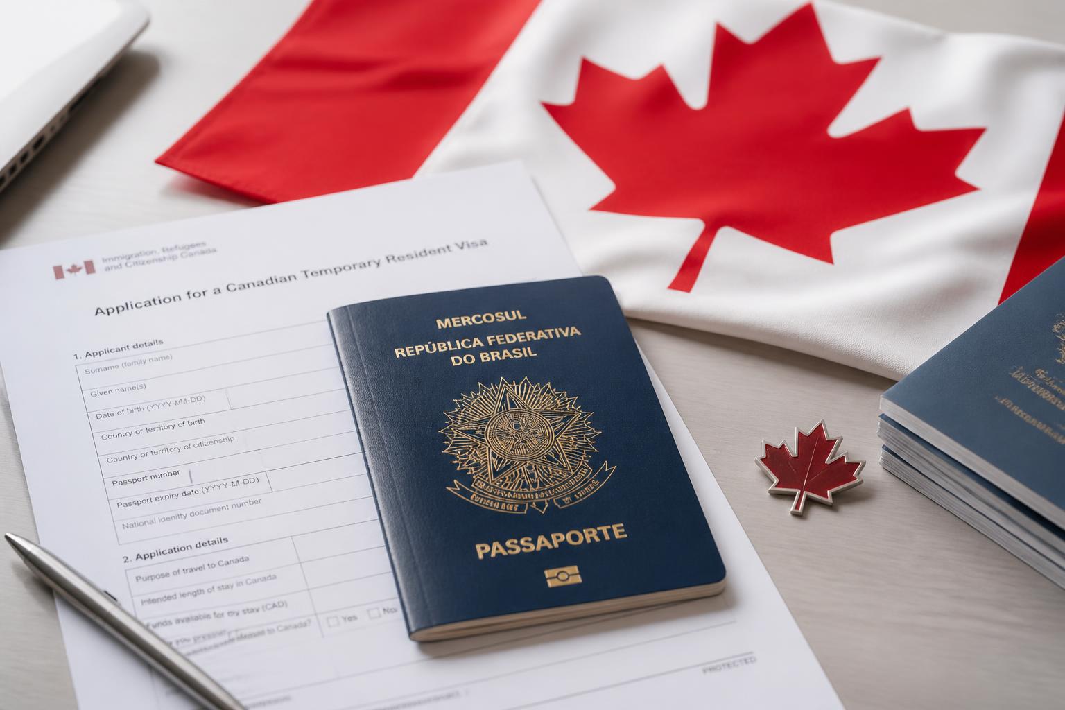 Passaporte brasileiro sobre formulário de visto canadense, com bandeira do Canadá e emblema da folha de bordo ao lado