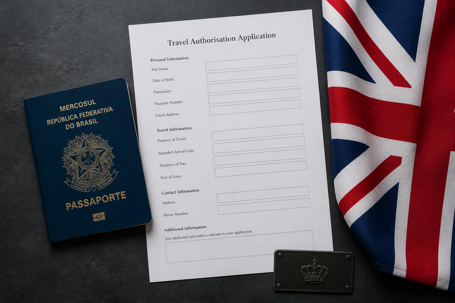 Passaporte brasileiro ao lado de formulário de autorização de viagem, com bandeira do Reino Unido e emblema com coroa