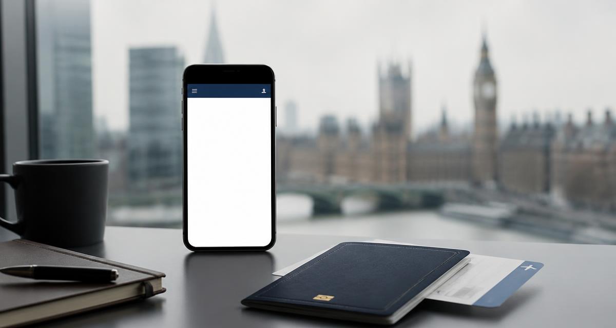 Passaporte, cartão de embarque e celular sobre uma mesa, com Londres desfocada ao fundo