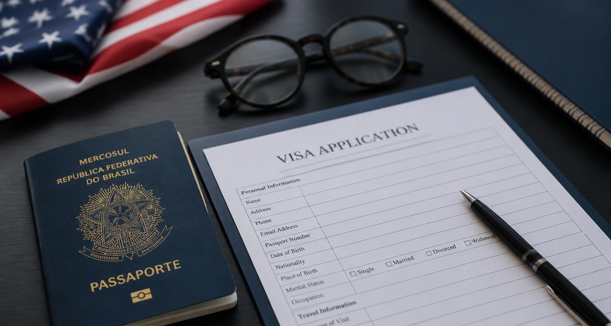 Passaporte brasileiro ao lado de um formulário de solicitação de visto sobre uma mesa escura