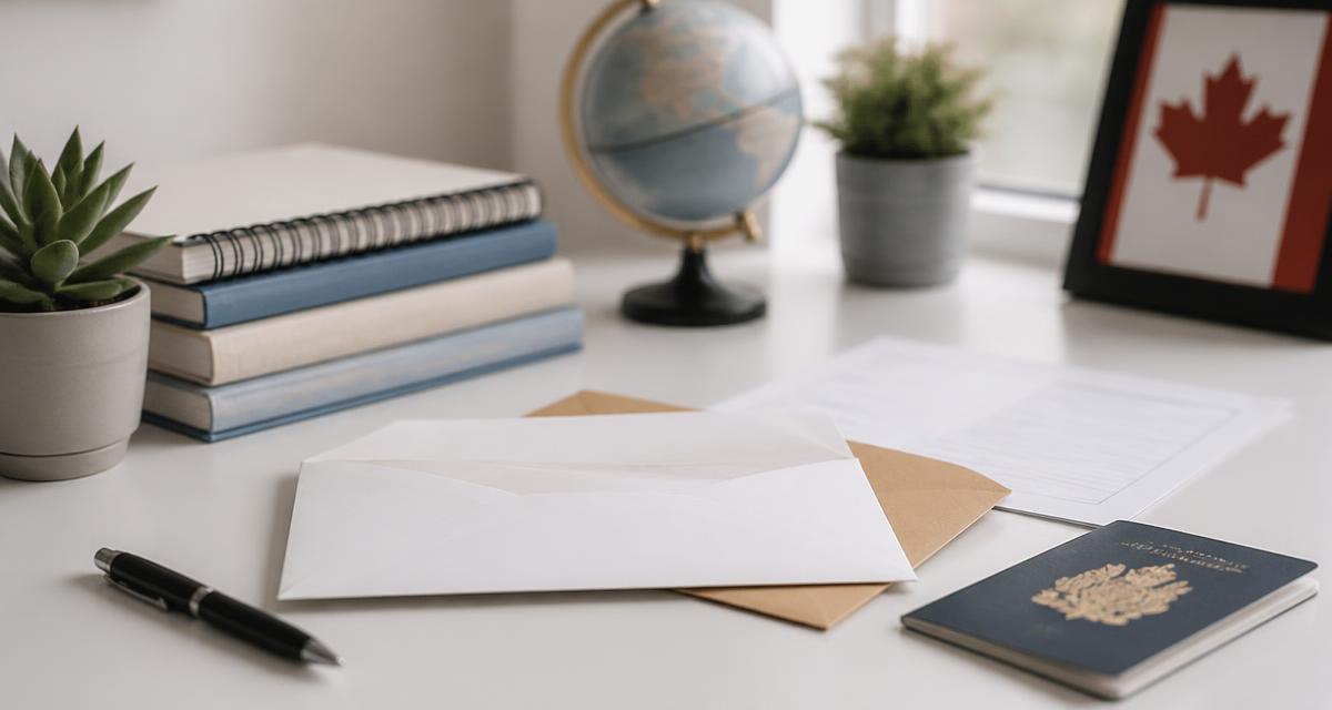 Documentos de estudo, envelope de carta de aceite e passaporte sobre uma mesa clara